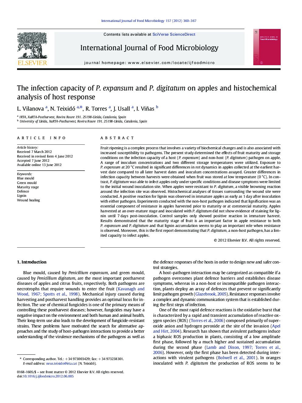 The infection capacity of P. expansum and P. digitatum on apples and histochemical analysis of host response