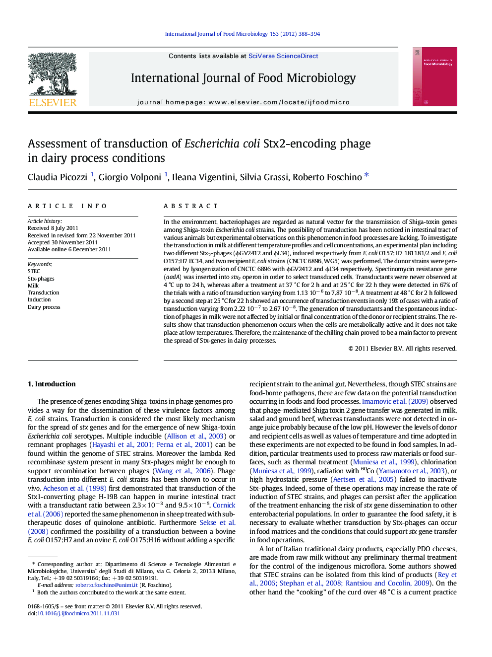 Assessment of transduction of Escherichia coli Stx2-encoding phage in dairy process conditions