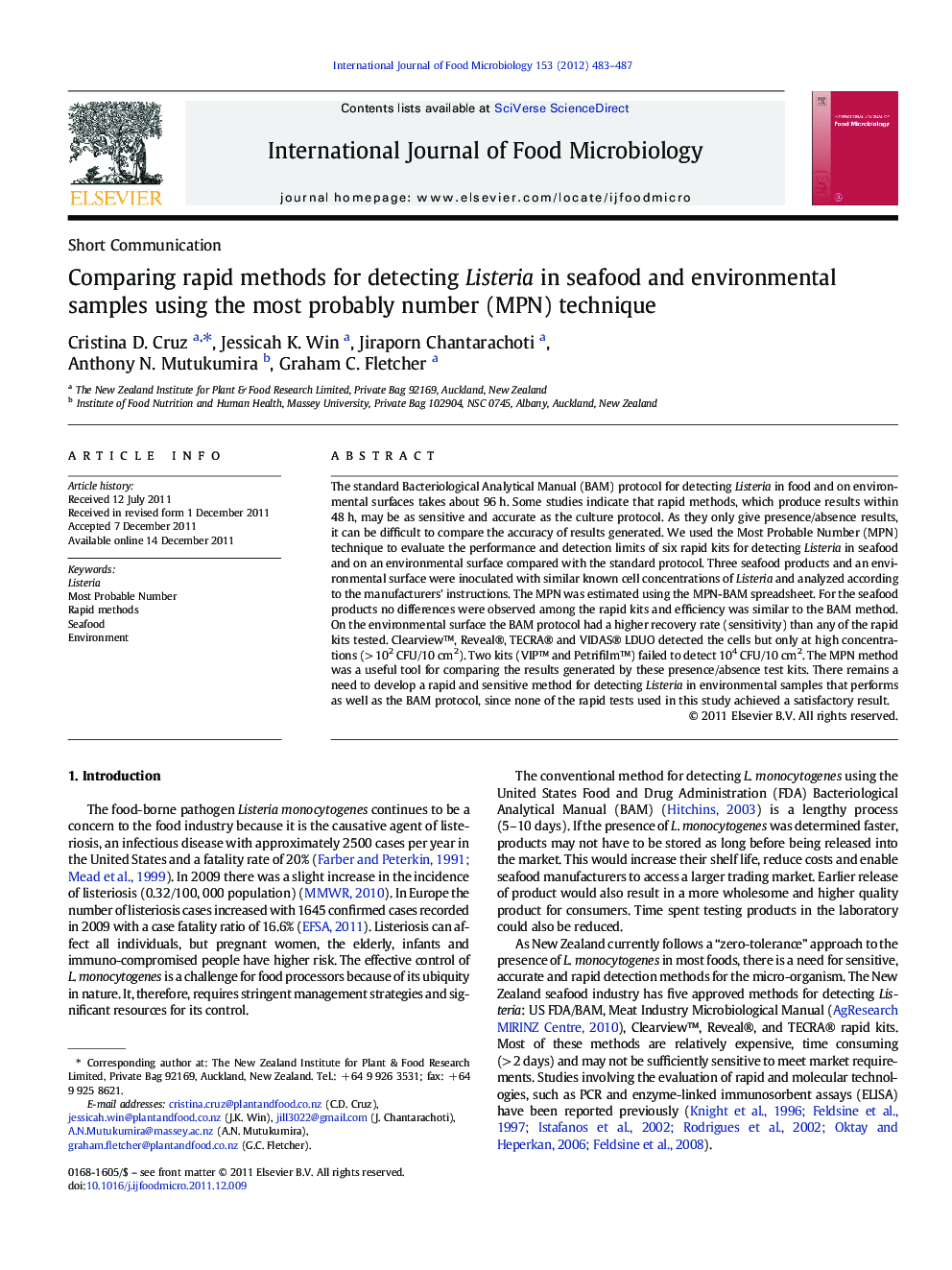 Short CommunicationComparing rapid methods for detecting Listeria in seafood and environmental samples using the most probably number (MPN) technique