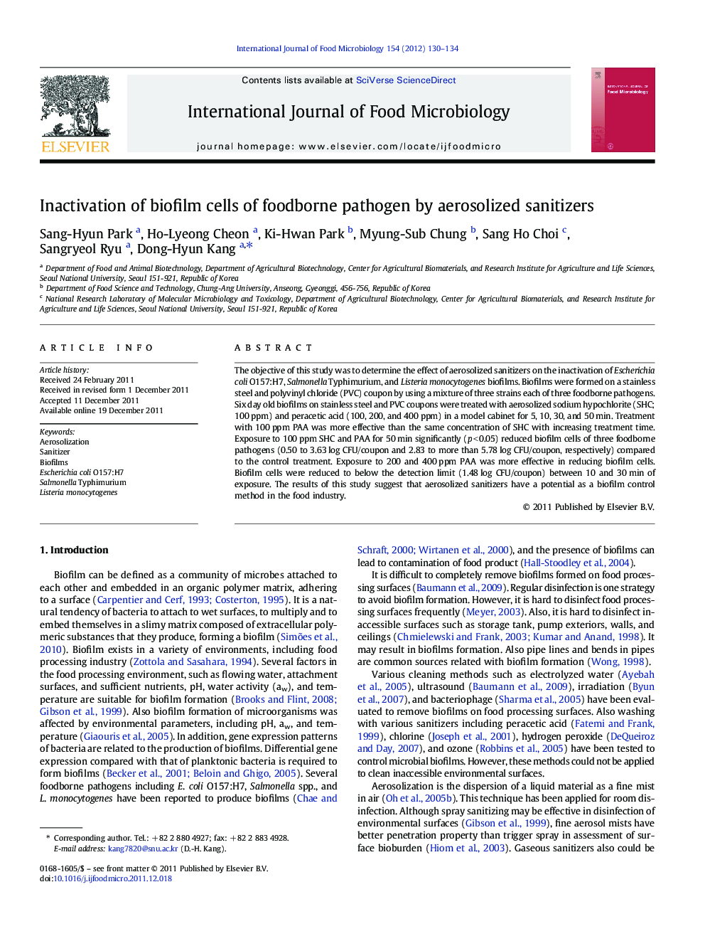 Inactivation of biofilm cells of foodborne pathogen by aerosolized sanitizers