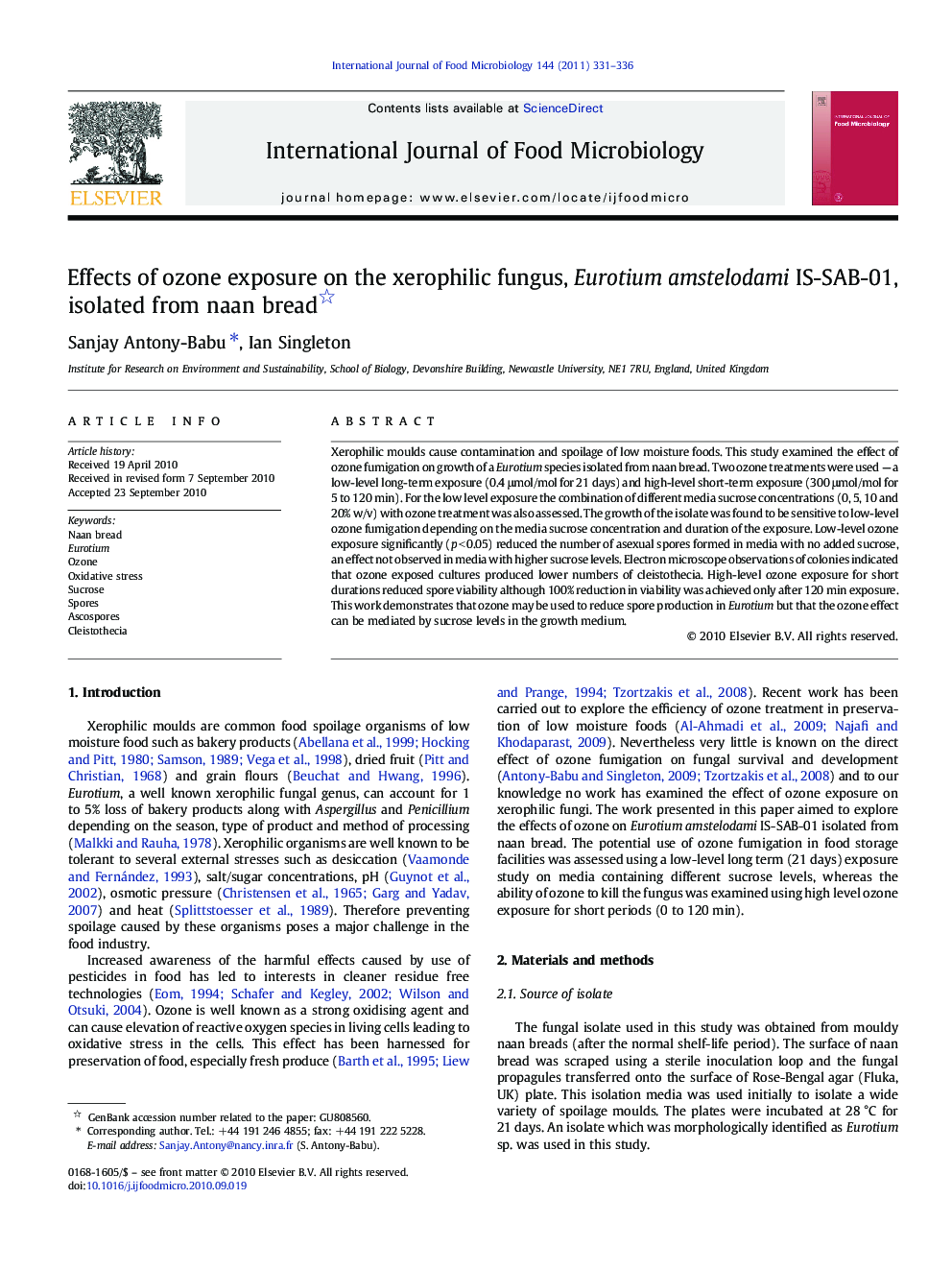 Effects of ozone exposure on the xerophilic fungus, Eurotium amstelodami IS-SAB-01, isolated from naan bread