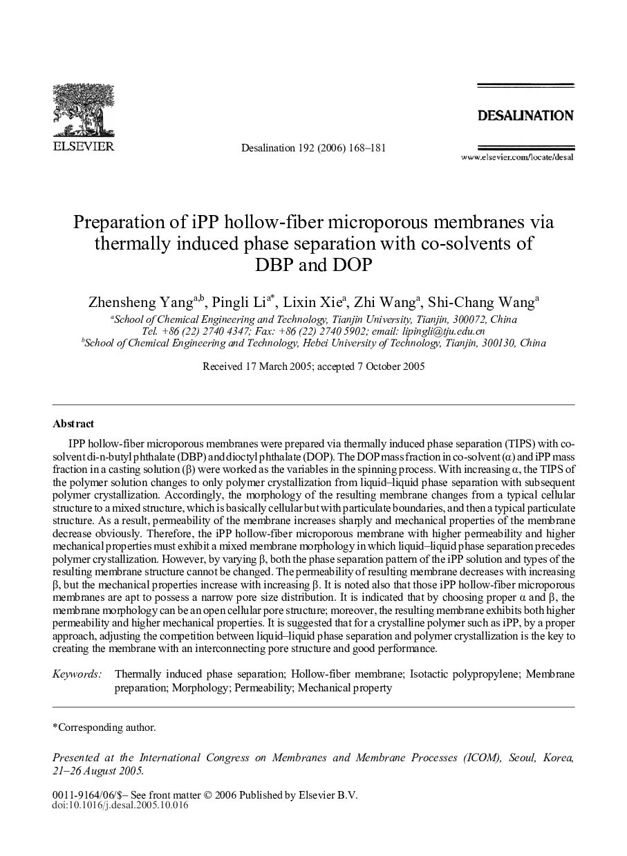 Preparation of iPP hollow-fiber microporous membranes via thermally induced phase separation with co-solvents of DBP and DOP