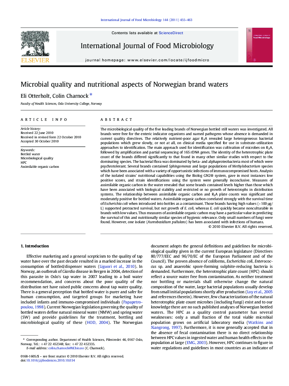 Microbial quality and nutritional aspects of Norwegian brand waters