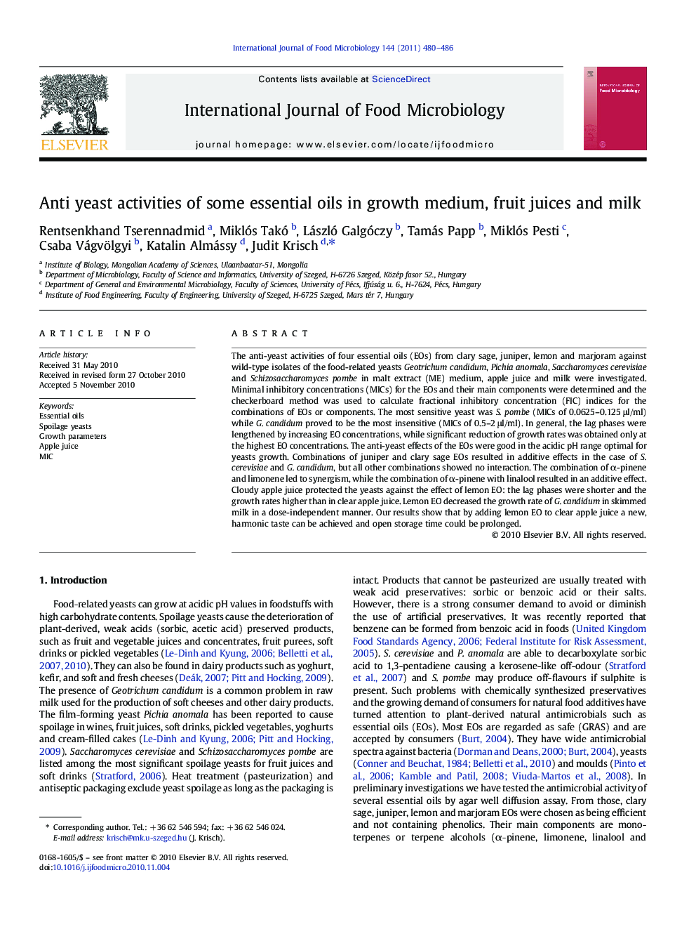 Anti yeast activities of some essential oils in growth medium, fruit juices and milk