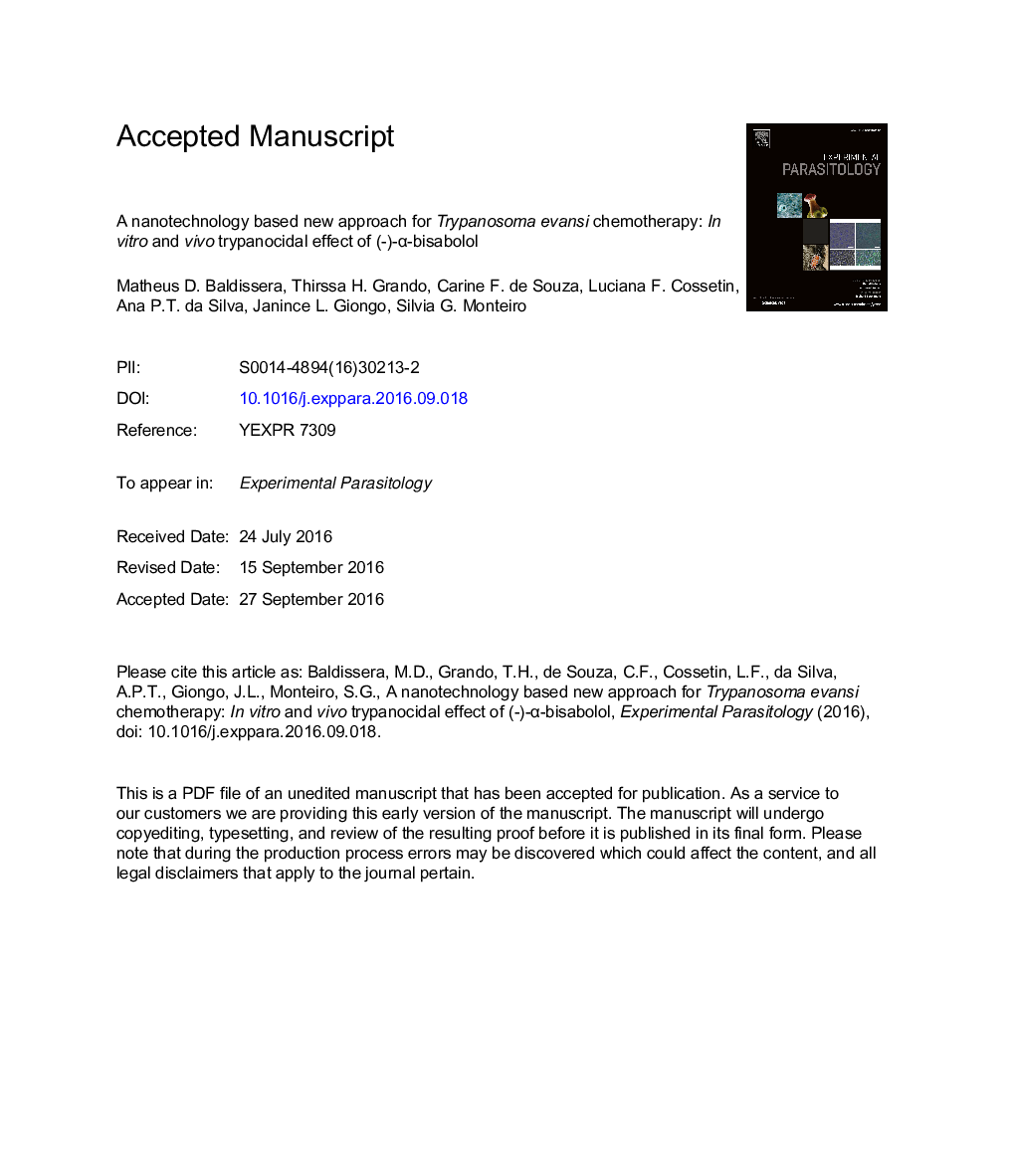 A nanotechnology based new approach for Trypanosoma evansi chemotherapy: InÂ vitro and vivo trypanocidal effect of (-)-Î±-bisabolol