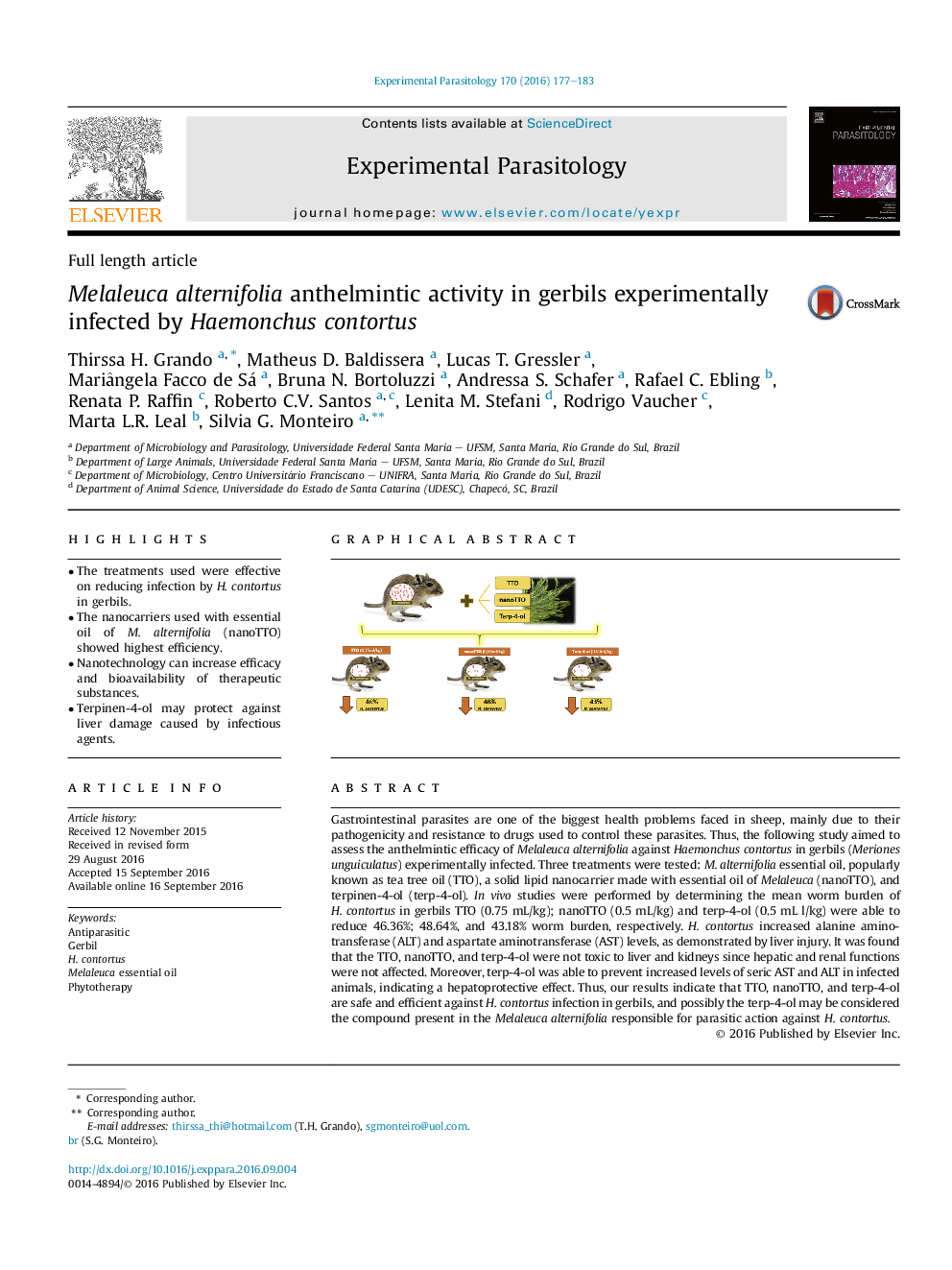 Full length articleMelaleuca alternifolia anthelmintic activity in gerbils experimentally infected by Haemonchus contortus