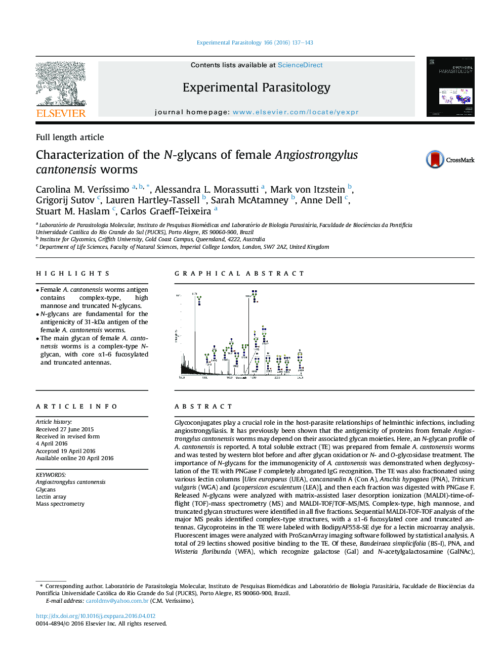 Characterization of the N-glycans of female Angiostrongylus cantonensis worms