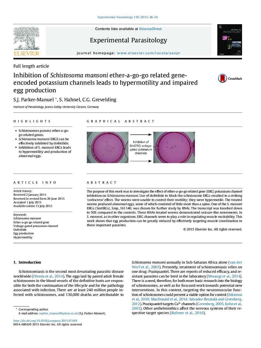 Inhibition of Schistosoma mansoni ether-a-go-go related gene-encoded potassium channels leads to hypermotility and impaired egg production