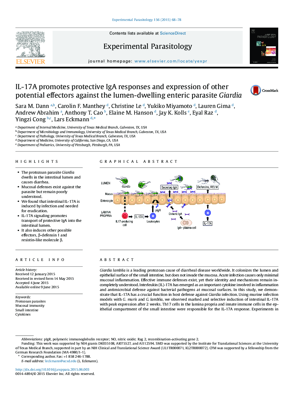 IL-17A promotes protective IgA responses and expression of other potential effectors against the lumen-dwelling enteric parasite Giardia