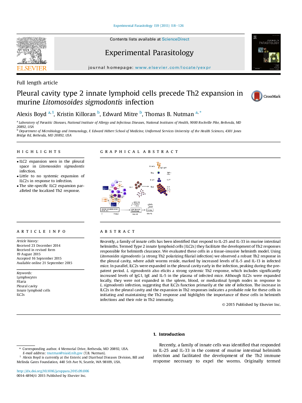 Pleural cavity type 2 innate lymphoid cells precede Th2 expansion in murine Litomosoides sigmodontis infection