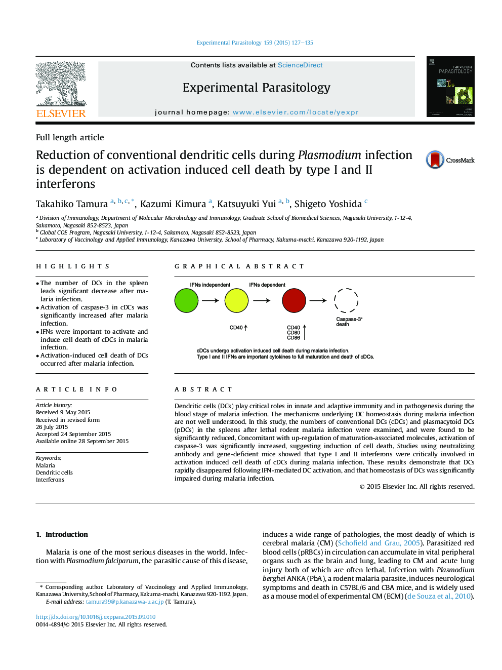 Reduction of conventional dendritic cells during Plasmodium infection is dependent on activation induced cell death by type I and II interferons