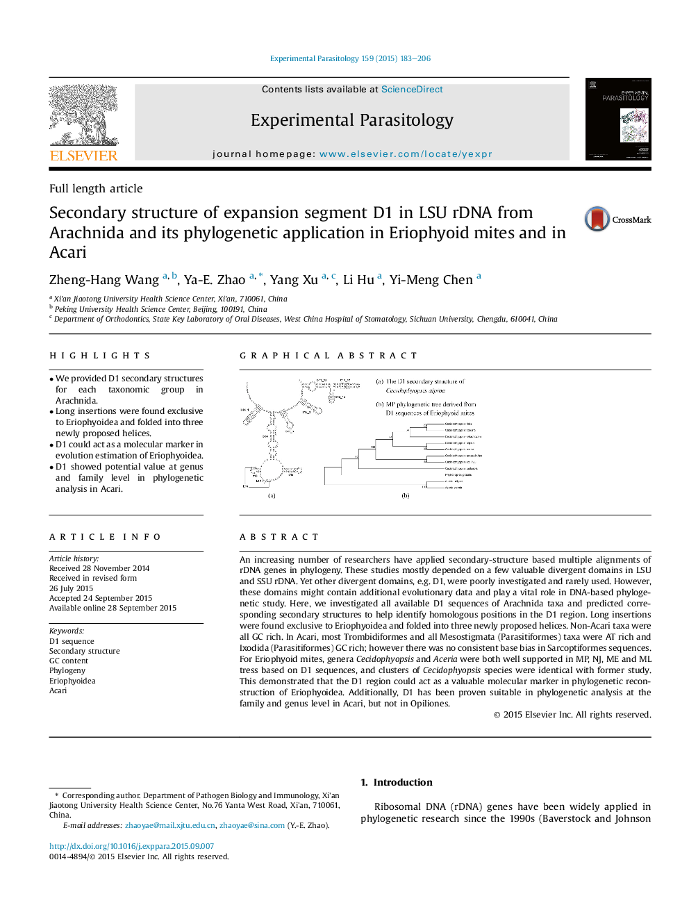 Secondary structure of expansion segment D1 in LSU rDNA from Arachnida and its phylogenetic application in Eriophyoid mites and in Acari