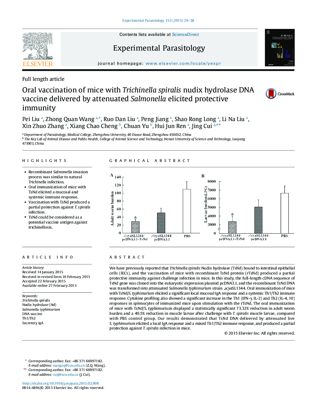 عکس صفحه اول مقاله: Oral vaccination of mice with Trichinella spiralis nudix hydrolase DNA vaccine delivered by attenuated Salmonella elicited protective immunity Oral vaccination of mice with Trichinella spiralis nudix hydrolase DNA vaccine delivered by attenuated Salmonella elicited protective immunity