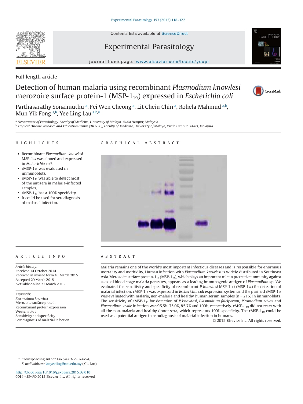 Detection of human malaria using recombinant Plasmodium knowlesi merozoire surface protein-1 (MSP-119) expressed in Escherichia coli