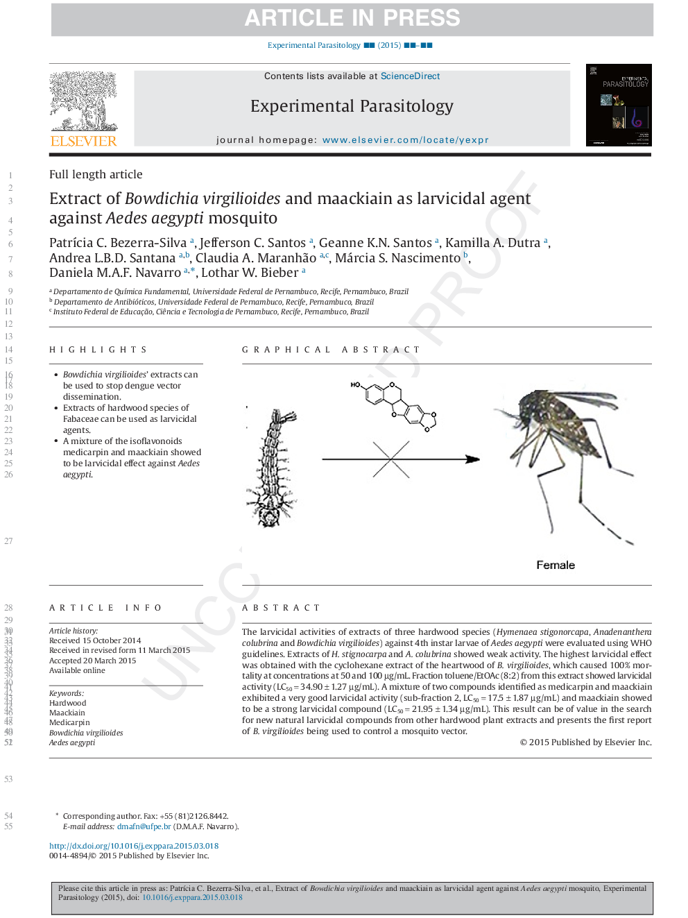 Extract of Bowdichia virgilioides and maackiain as larvicidal agent against Aedes aegypti mosquito