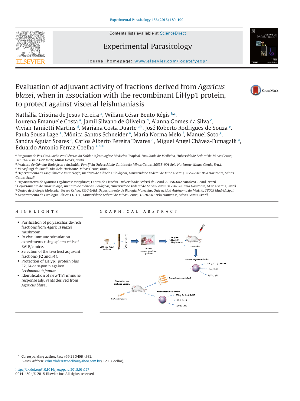 Evaluation of adjuvant activity of fractions derived from Agaricus blazei, when in association with the recombinant LiHyp1 protein, to protect against visceral leishmaniasis