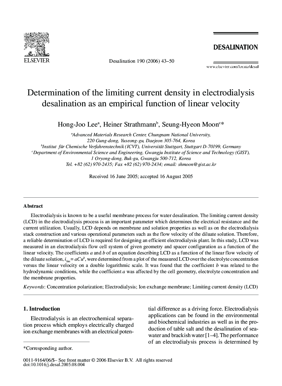 Determination of the limiting current density in electrodialysis desalination as an empirical function of linear velocity