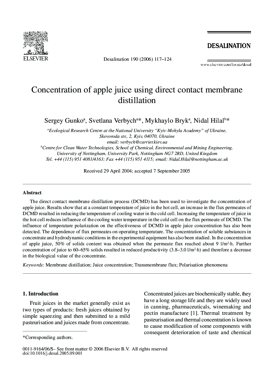 Concentration of apple juice using direct contact membrane distillation