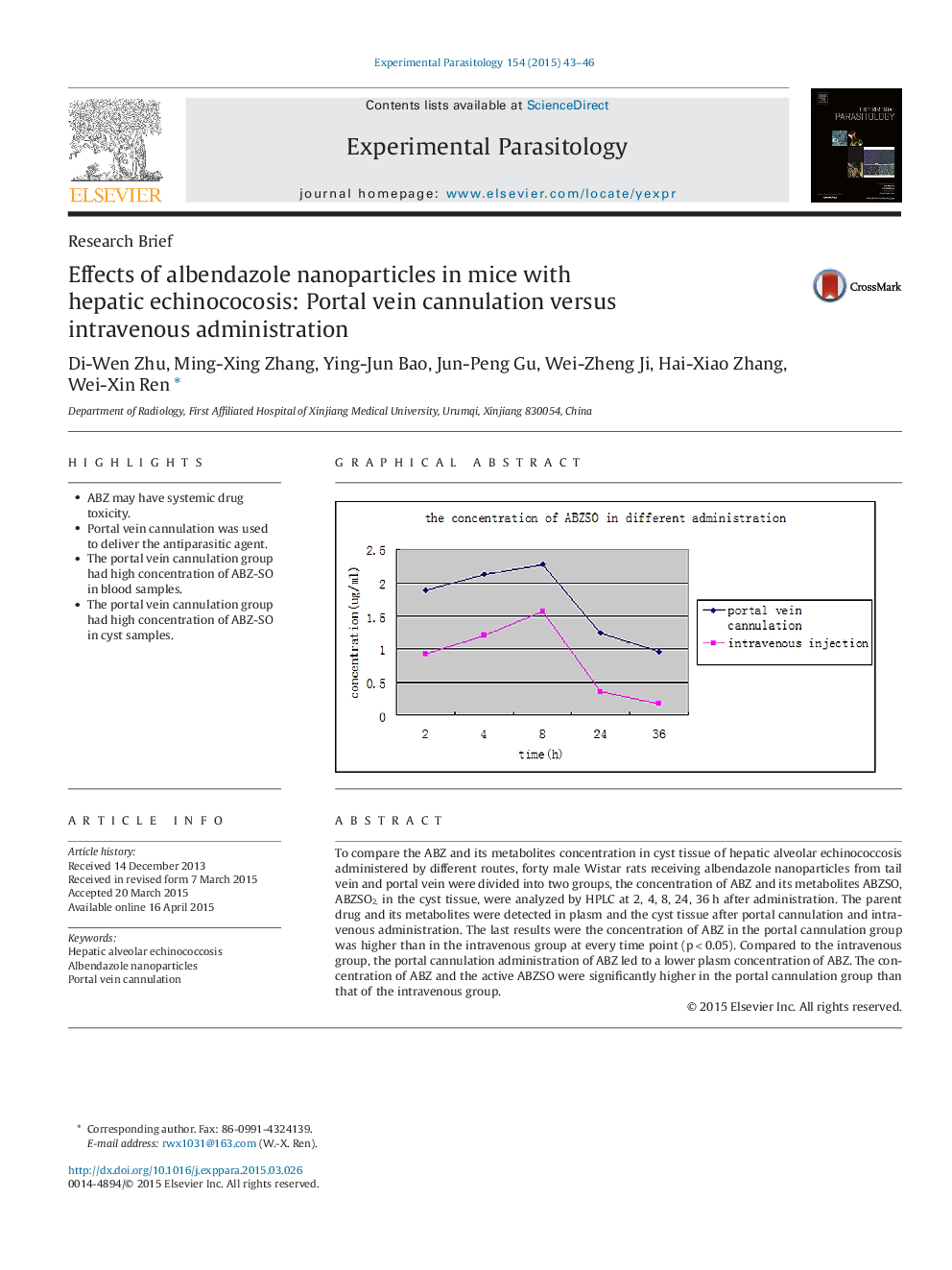 Research BriefEffects of albendazole nanoparticles in mice with hepatic echinococosis: Portal vein cannulation versus intravenous administration