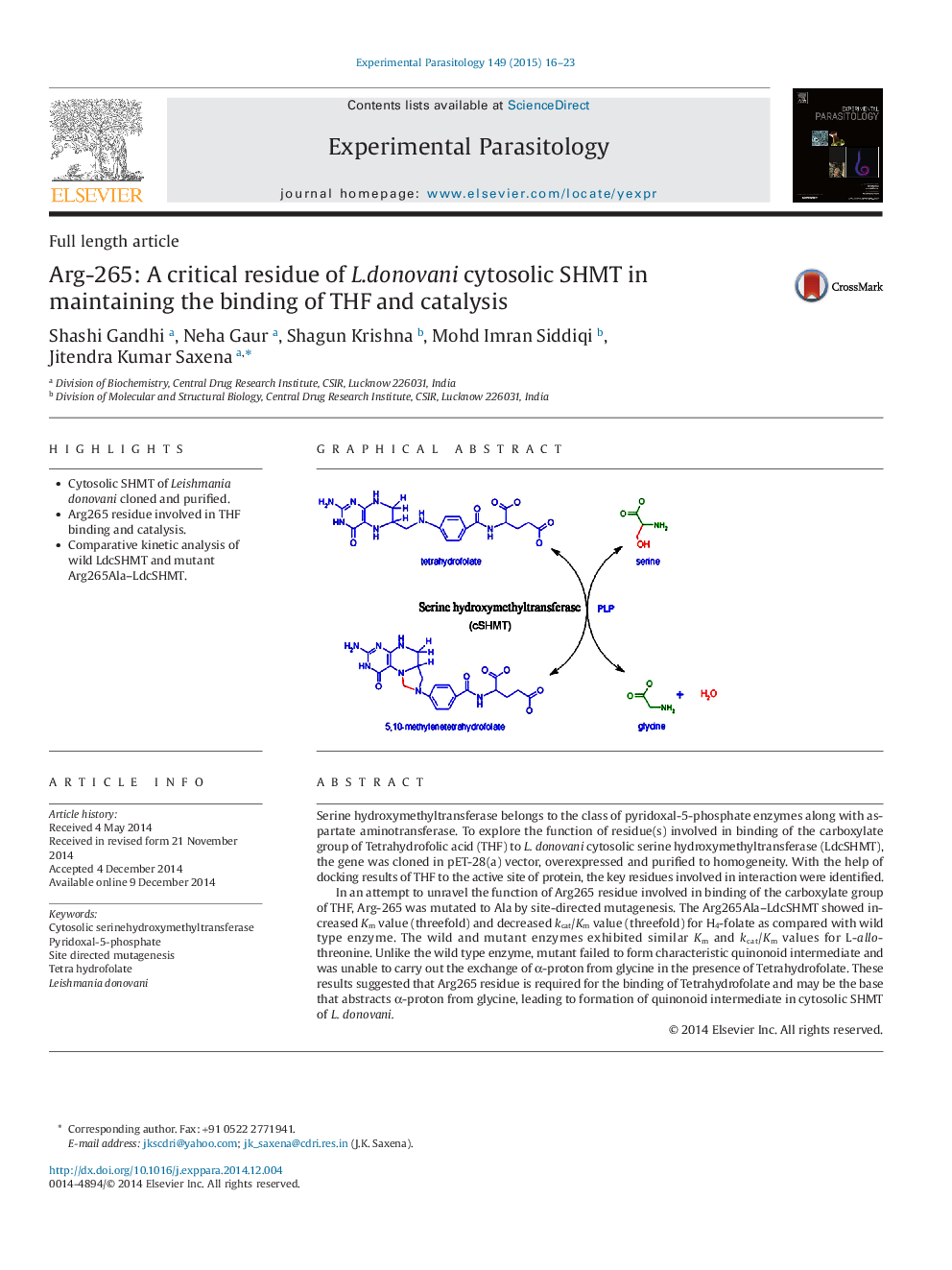 Arg-265: A critical residue of L.donovani cytosolic SHMT in maintaining the binding of THF and catalysis