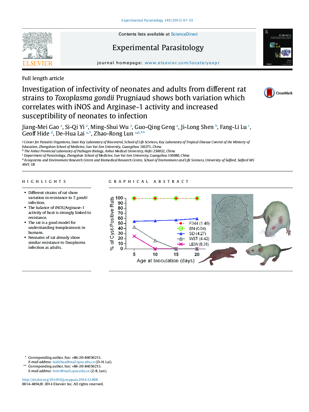 Investigation of infectivity of neonates and adults from different rat strains to Toxoplasma gondii Prugniaud shows both variation which correlates with iNOS and Arginase-1 activity and increased susceptibility of neonates to infection