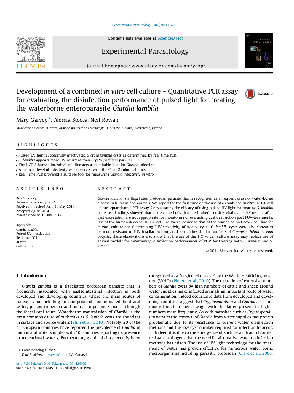 Development of a combined in vitro cell culture - Quantitative PCR assay for evaluating the disinfection performance of pulsed light for treating the waterborne enteroparasite Giardia lamblia