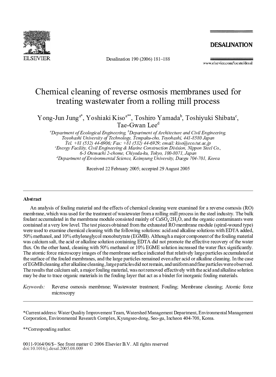 Chemical cleaning of reverse osmosis membranes used for treating wastewater from a rolling mill process