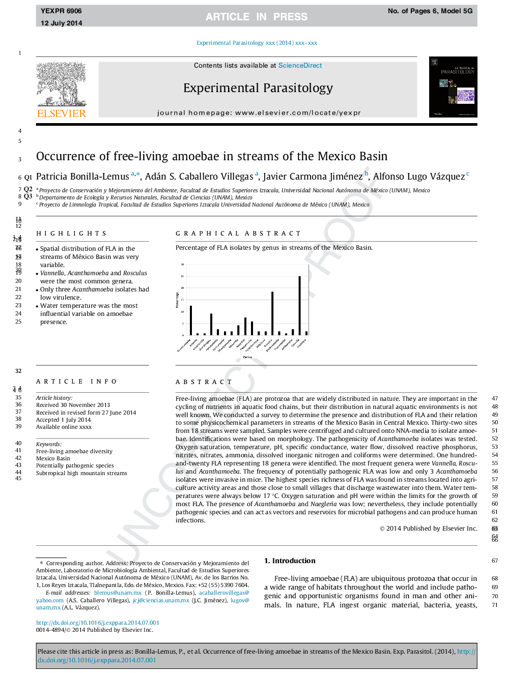 عکس صفحه اول مقاله: Occurrence of free-living amoebae in streams of the Mexico Basin Occurrence of free-living amoebae in streams of the Mexico Basin