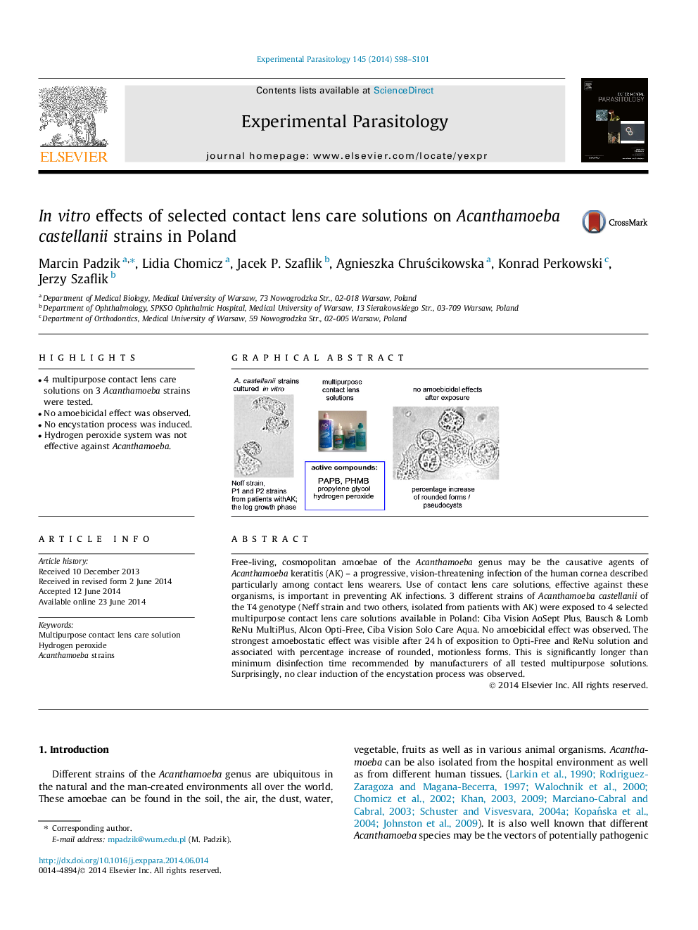 عکس صفحه اول مقاله: In vitro effects of selected contact lens care solutions on Acanthamoeba castellanii strains in Poland In vitro effects of selected contact lens care solutions on Acanthamoeba castellanii strains in Poland