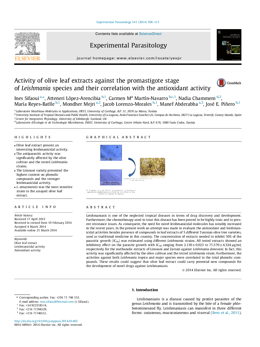 Activity of olive leaf extracts against the promastigote stage of Leishmania species and their correlation with the antioxidant activity