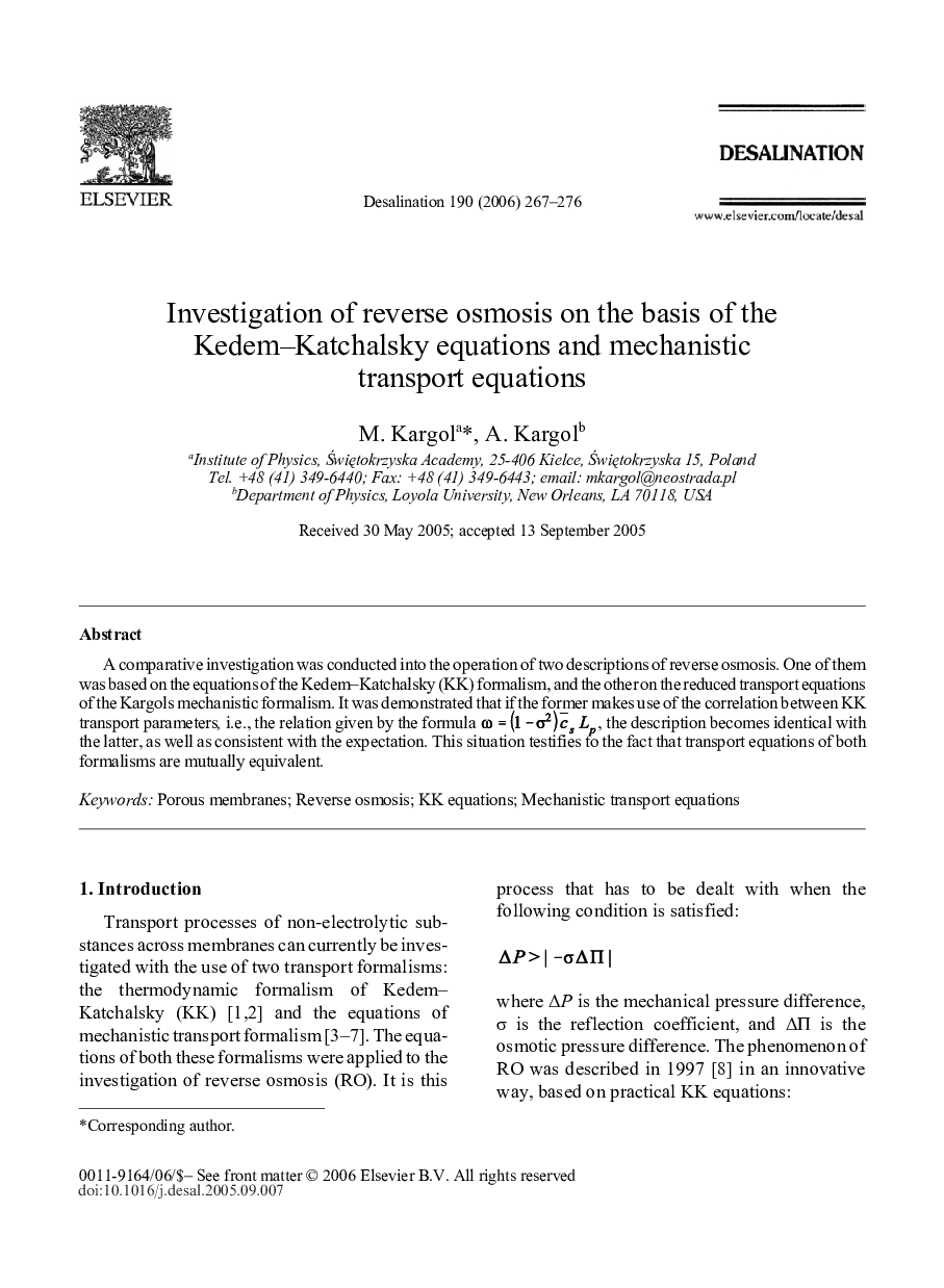عکس صفحه اول مقاله: Investigation of reverse osmosis on the basis of the Kedem–Katchalsky equations and mechanistic transport equations Investigation of reverse osmosis on the basis of the Kedem–Katchalsky equations and mechanistic transport equations