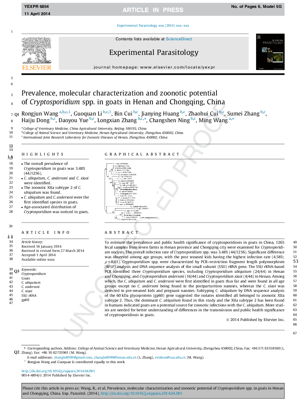 Prevalence, molecular characterization and zoonotic potential of Cryptosporidium spp. in goats in Henan and Chongqing, China