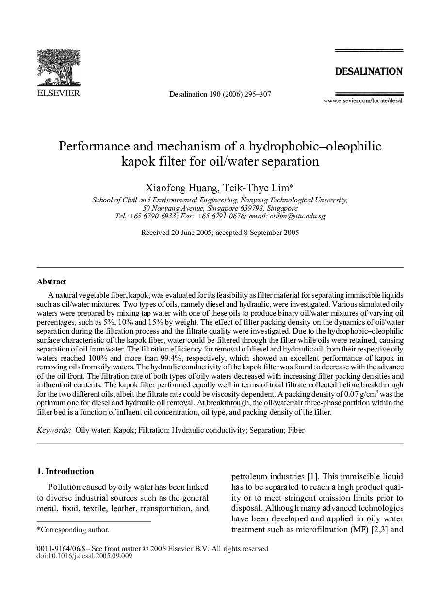 Performance and mechanism of a hydrophobic–oleophilic kapok filter for oil/water separation