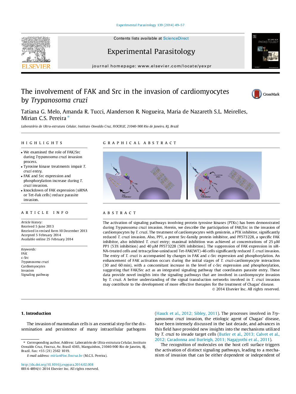 The involvement of FAK and Src in the invasion of cardiomyocytes by Trypanosoma cruzi