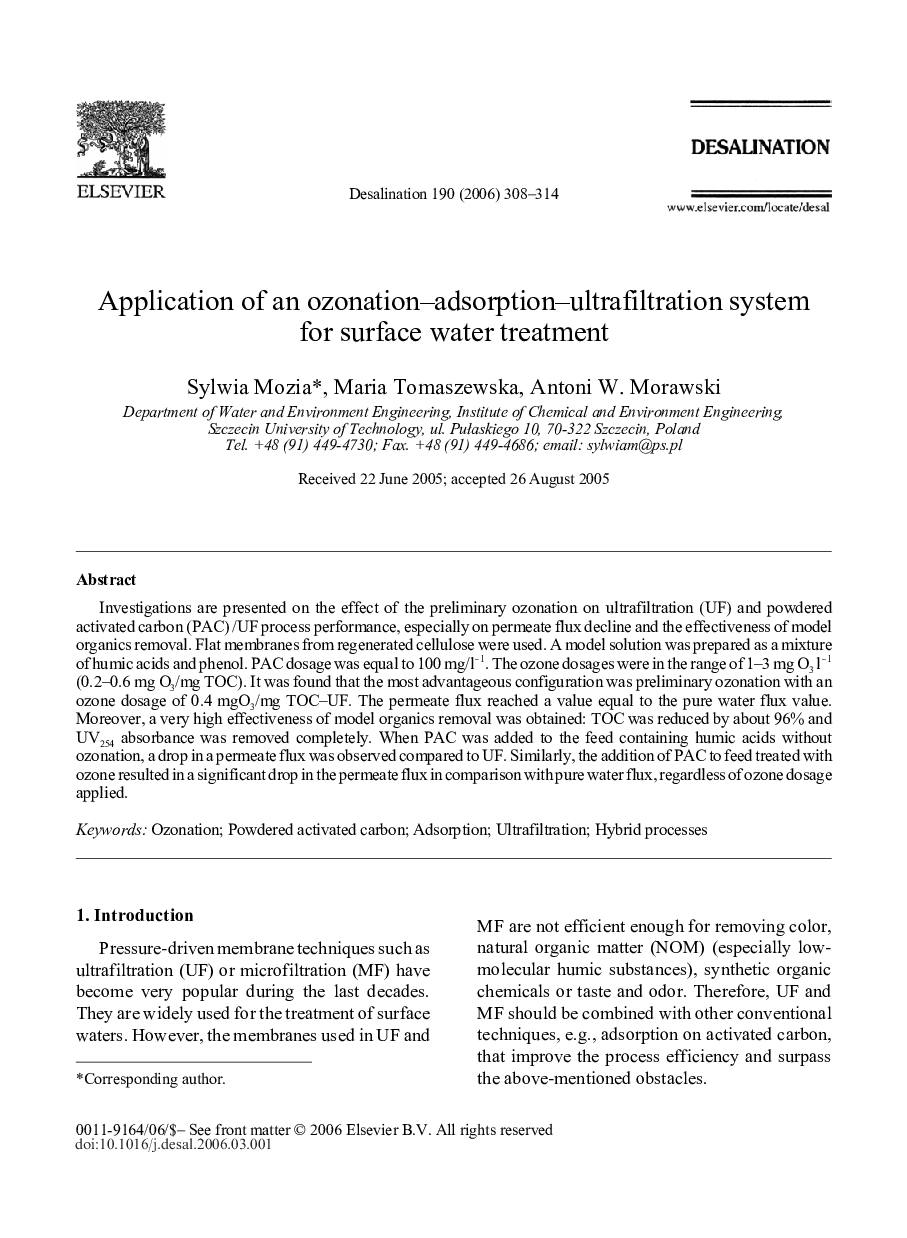 Application of an ozonation–adsorption–ultrafiltration system for surface water treatment