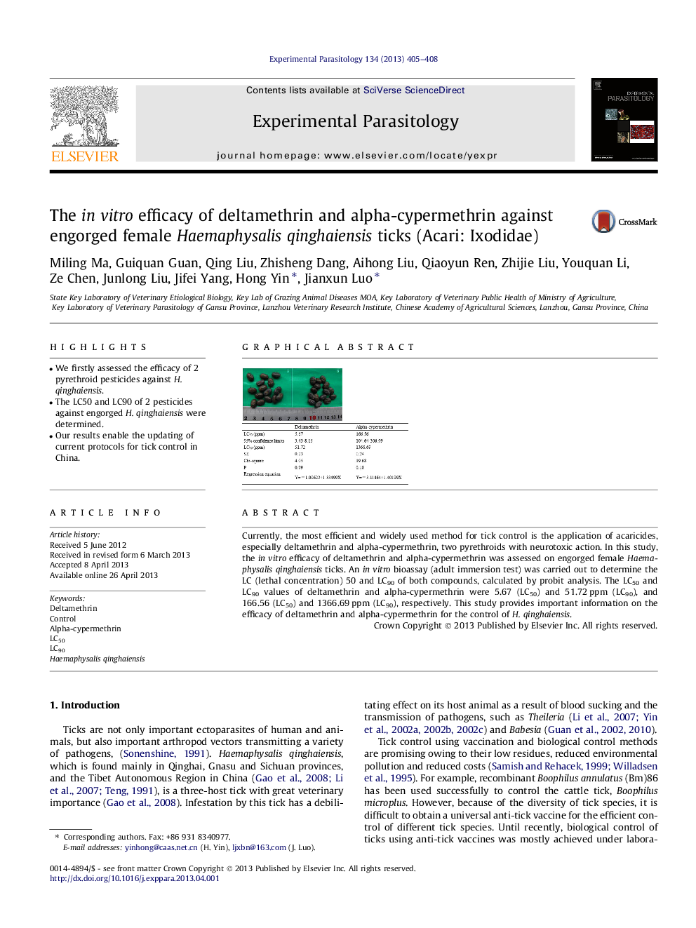 The in vitro efficacy of deltamethrin and alpha-cypermethrin against engorged female Haemaphysalis qinghaiensis ticks (Acari: Ixodidae)