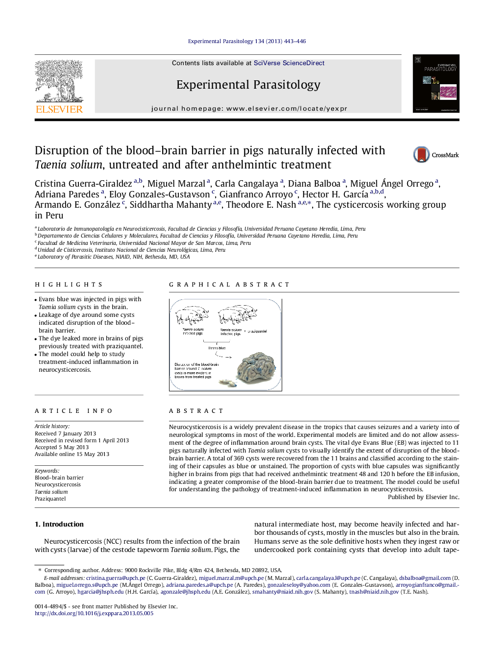 Disruption of the blood-brain barrier in pigs naturally infected with Taenia solium, untreated and after anthelmintic treatment