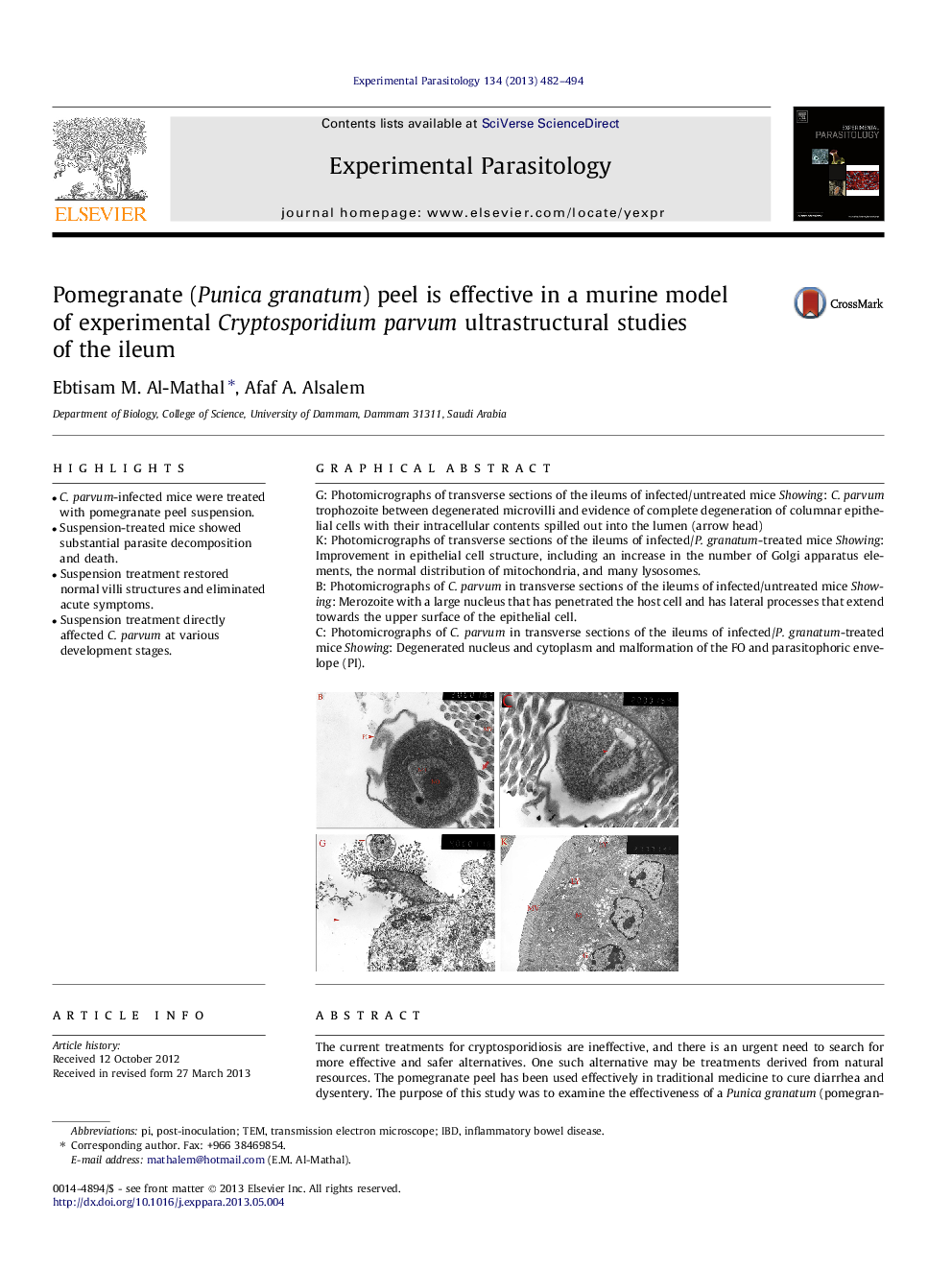 Pomegranate (Punica granatum) peel is effective in a murine model of experimental Cryptosporidium parvum ultrastructural studies of the ileum