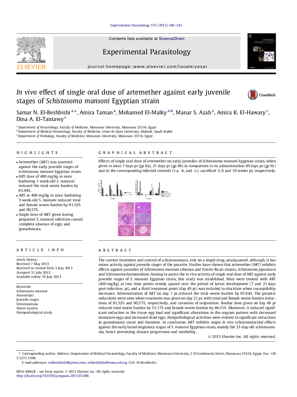 In vivo effect of single oral dose of artemether against early juvenile stages of Schistosoma mansoni Egyptian strain