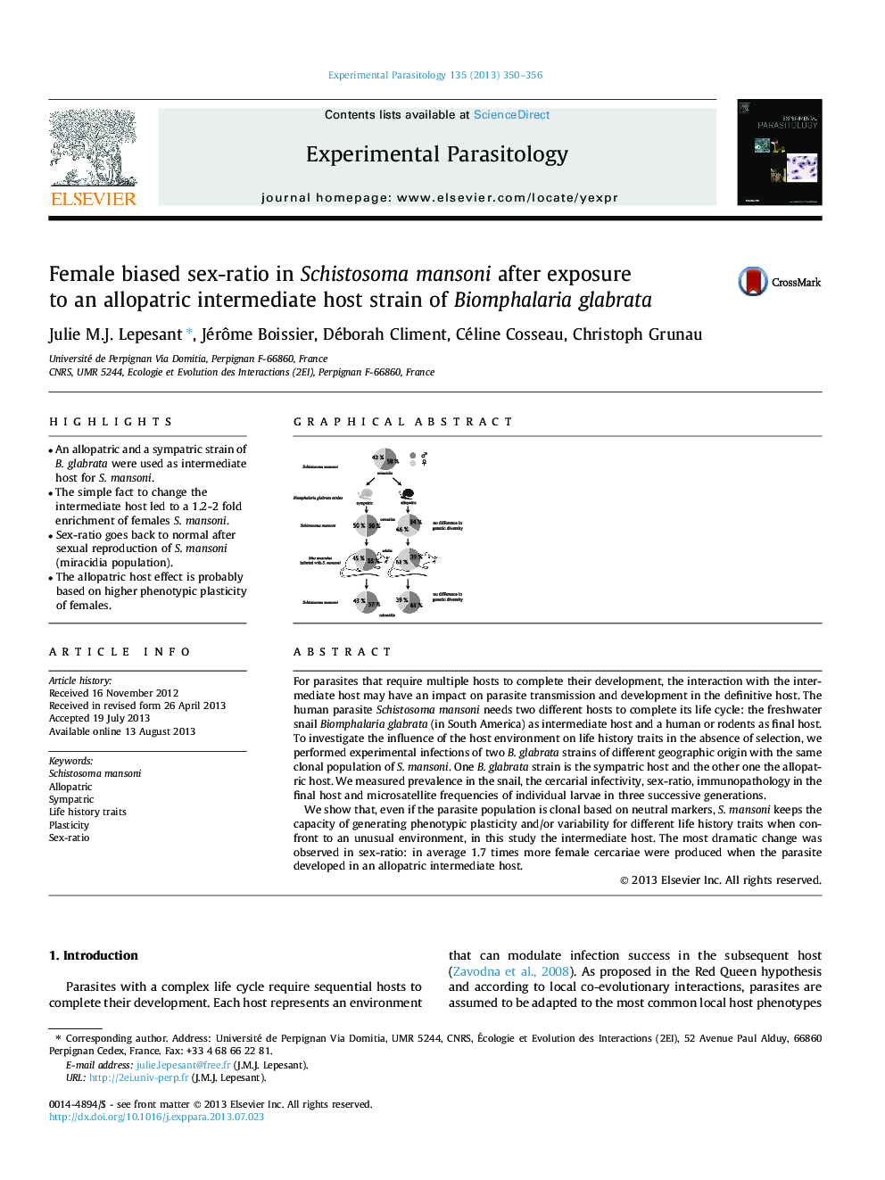 Female biased sex-ratio in Schistosoma mansoni after exposure to an allopatric intermediate host strain of Biomphalaria glabrata