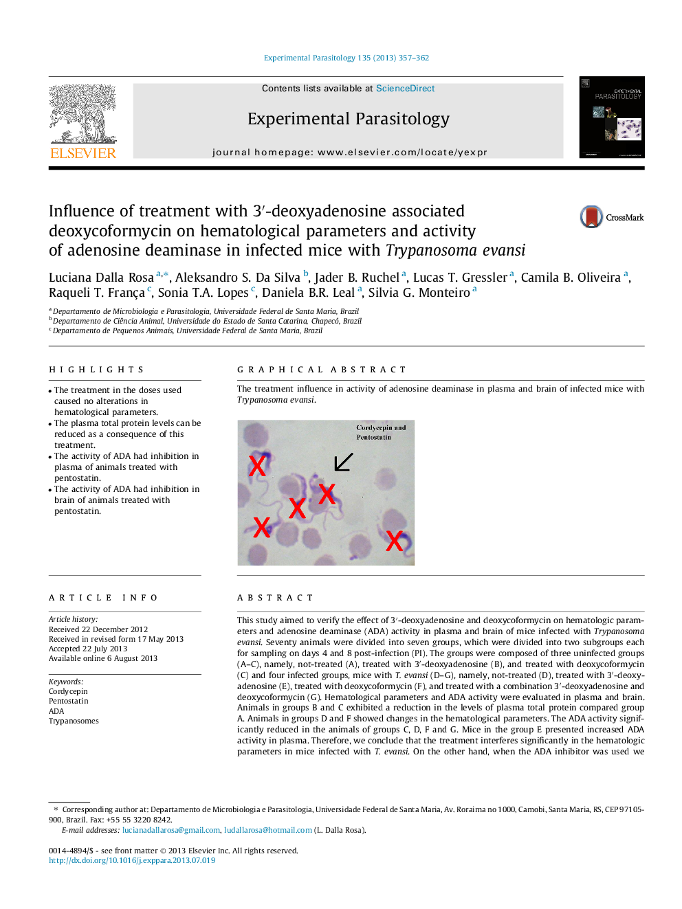 Influence of treatment with 3â²-deoxyadenosine associated deoxycoformycin on hematological parameters and activity of adenosine deaminase in infected mice with Trypanosoma evansi