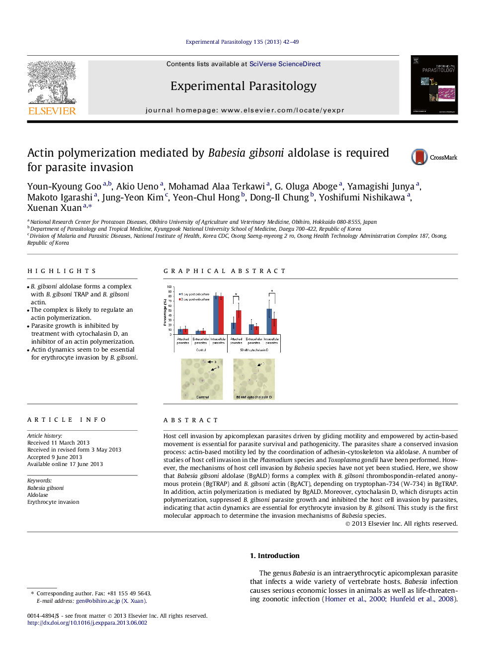 Actin polymerization mediated by Babesia gibsoni aldolase is required for parasite invasion