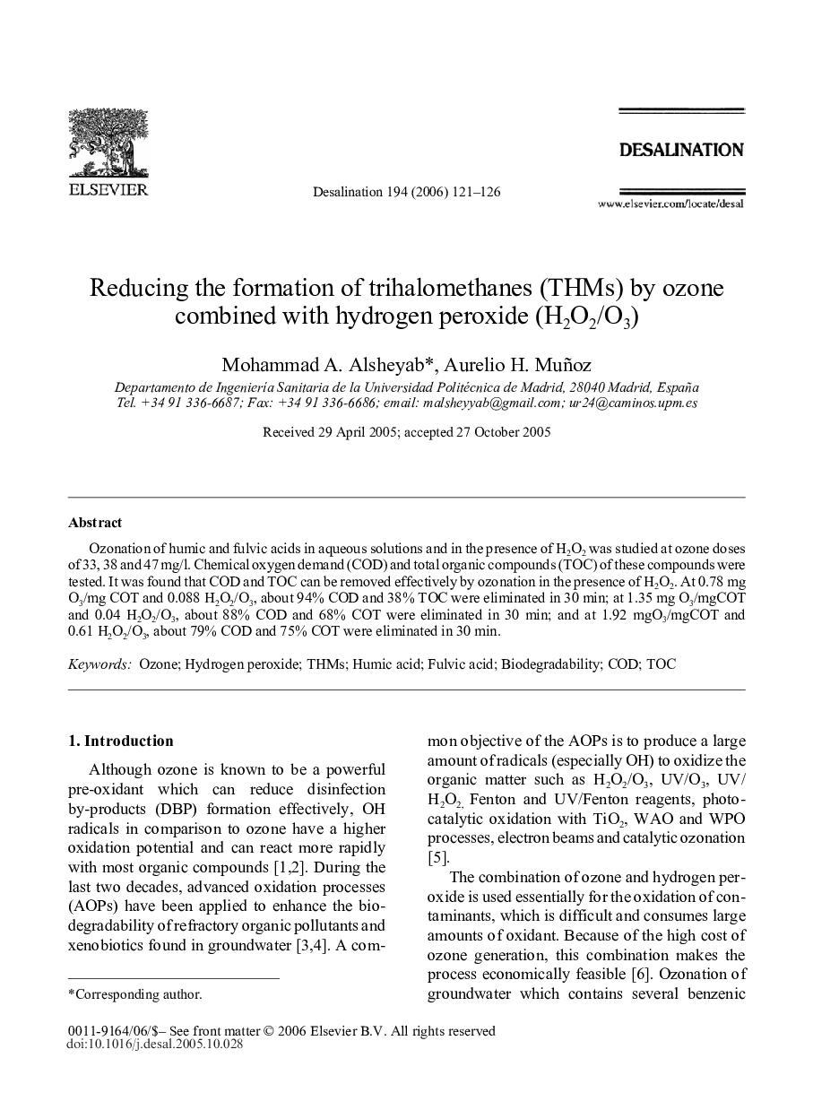 Reducing the formation of trihalomethanes (THMs) by ozone combined with hydrogen peroxide (H2O2/O3)