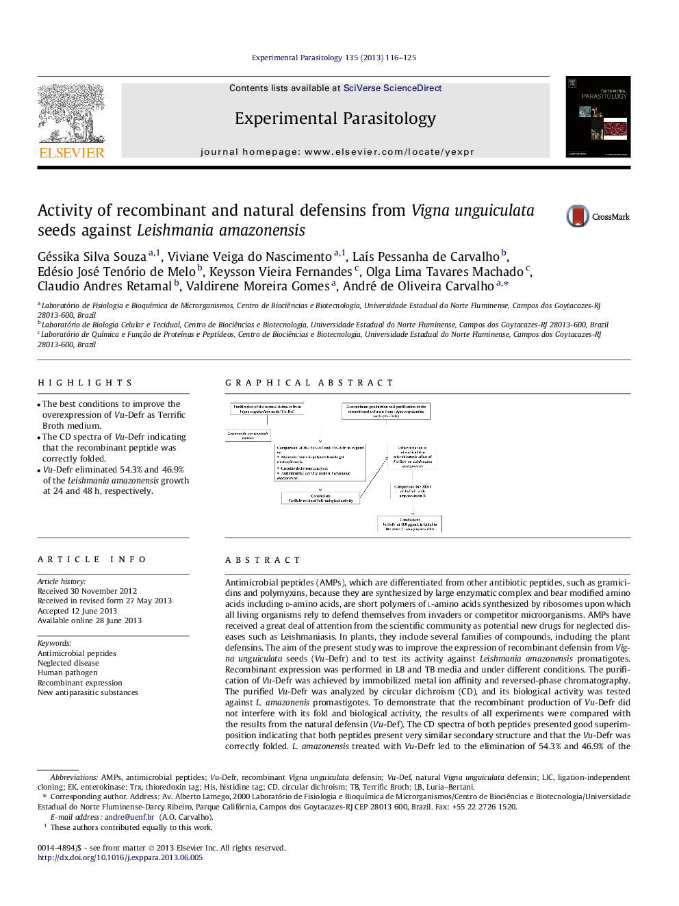 Activity of recombinant and natural defensins from Vigna unguiculata seeds against Leishmania amazonensis