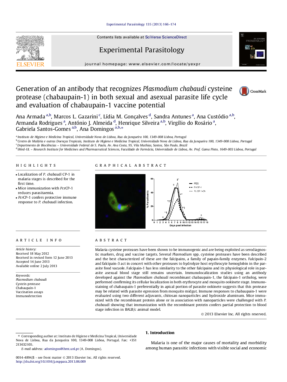 Generation of an antibody that recognizes Plasmodium chabaudi cysteine protease (chabaupain-1) in both sexual and asexual parasite life cycle and evaluation of chabaupain-1 vaccine potential