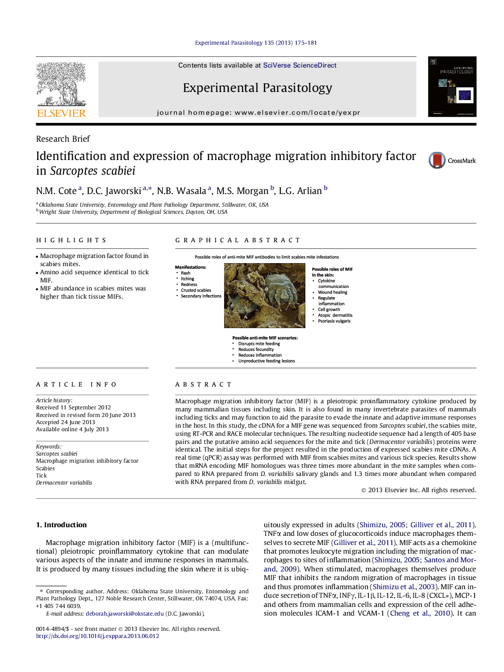 Research BriefIdentification and expression of macrophage migration inhibitory factor in Sarcoptes scabiei