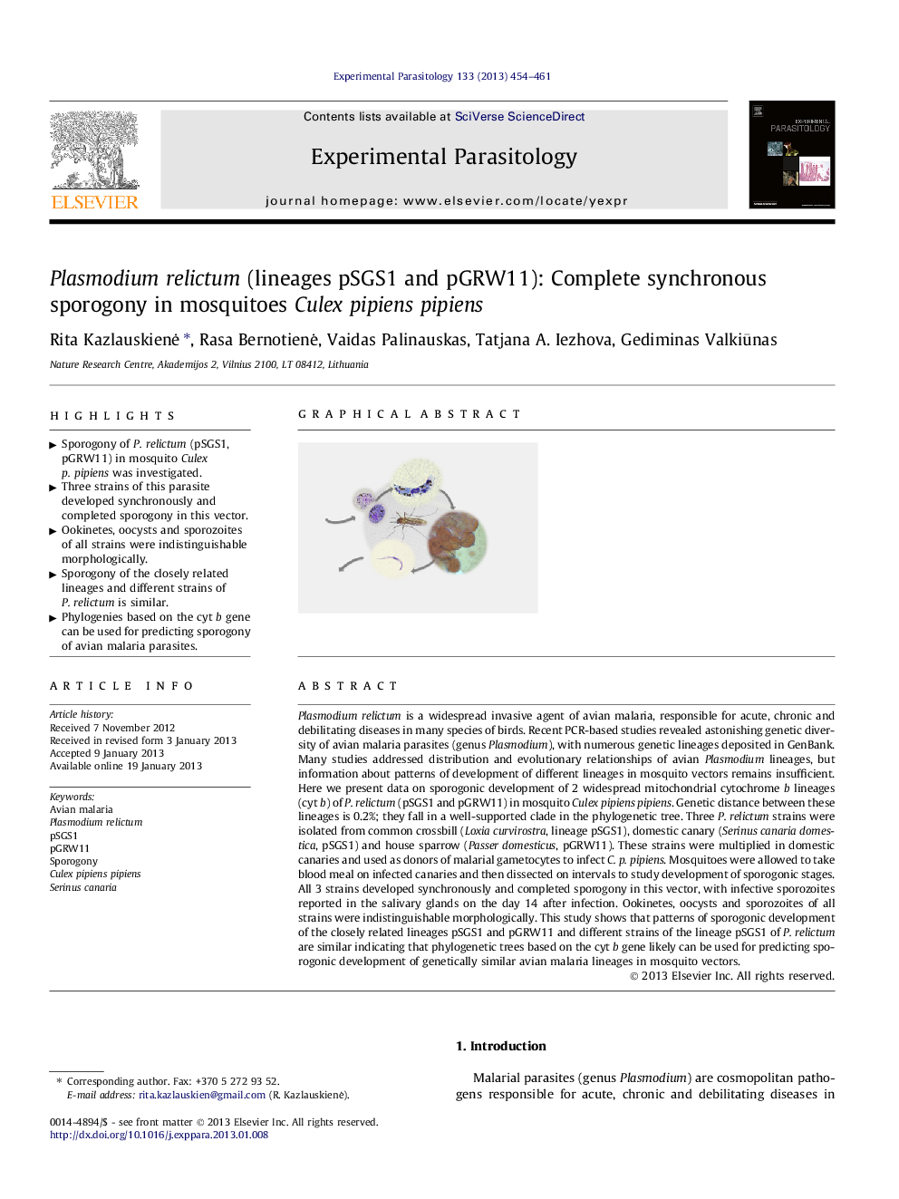 Plasmodium relictum (lineages pSGS1 and pGRW11): Complete synchronous sporogony in mosquitoes Culex pipiens pipiens