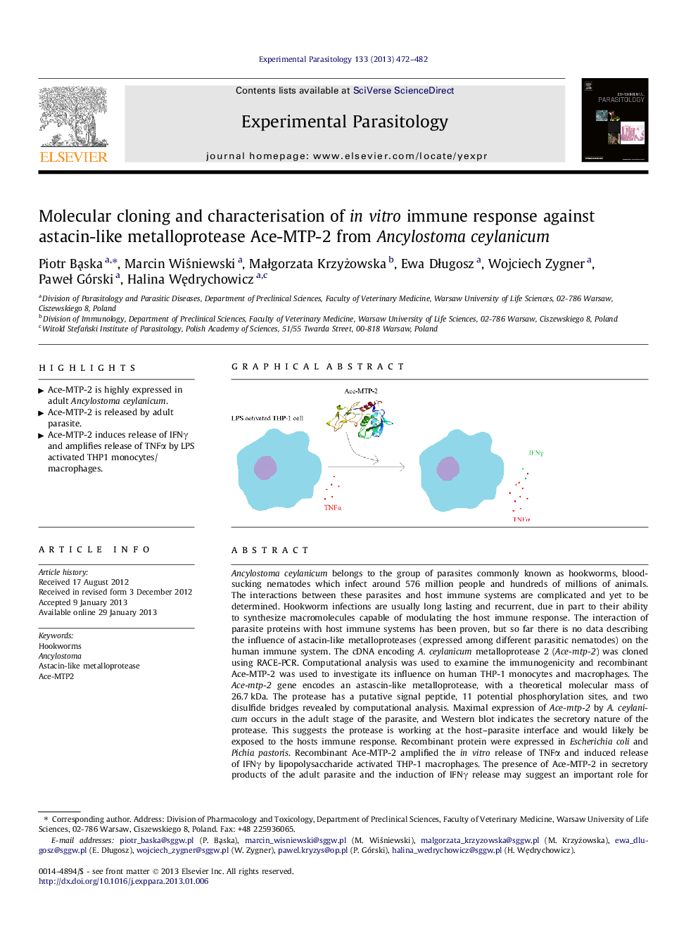 Molecular cloning and characterisation of in vitro immune response against astacin-like metalloprotease Ace-MTP-2 from Ancylostoma ceylanicum