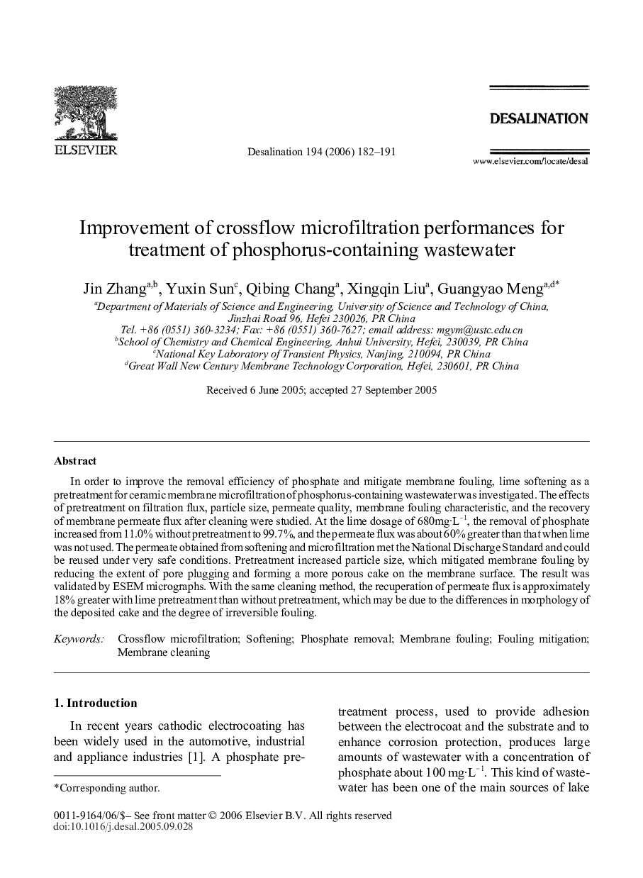 Improvement of crossflow microfiltration performances for treatment of phosphorus-containing wastewater