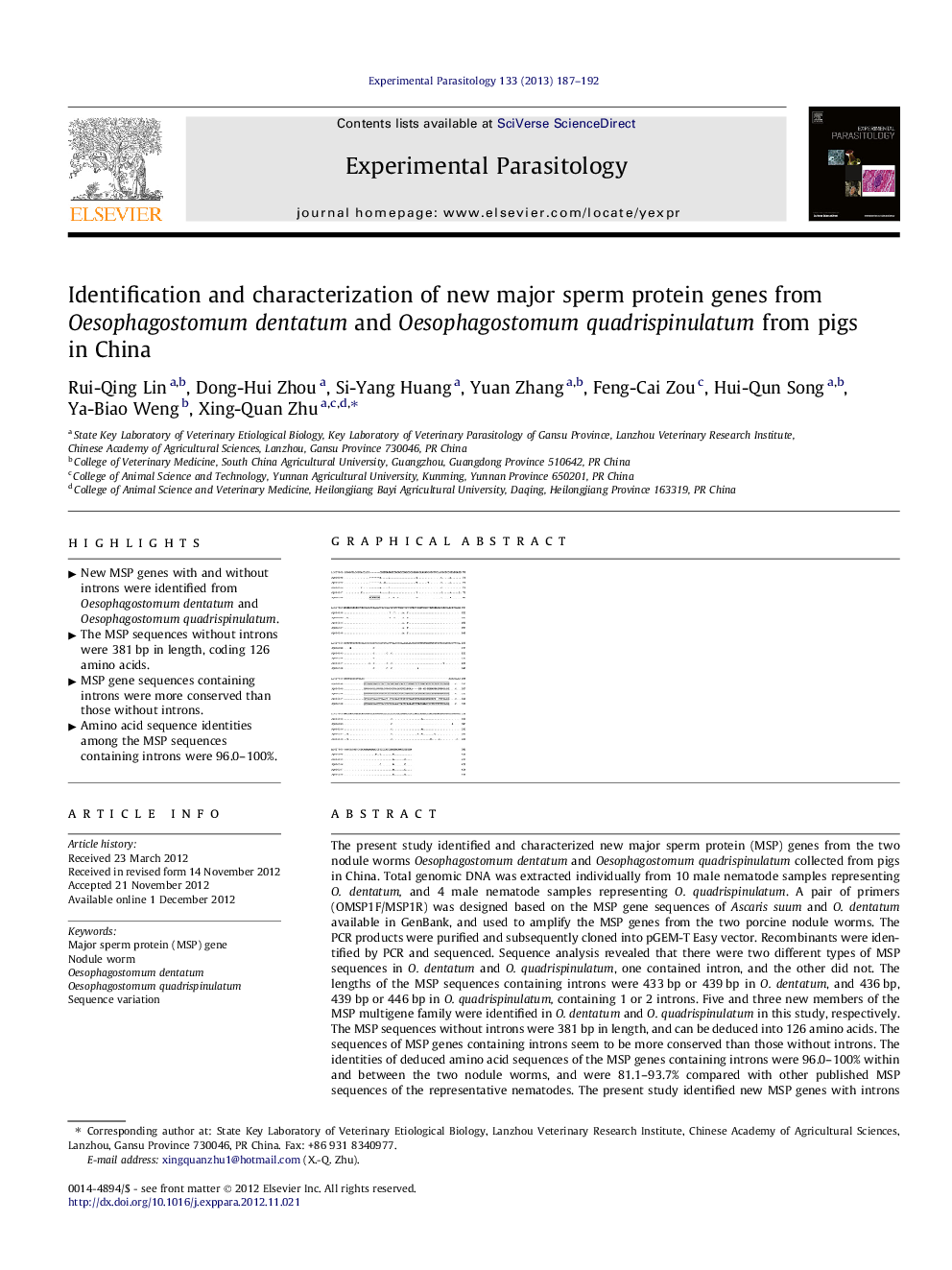 Identification and characterization of new major sperm protein genes from Oesophagostomum dentatum and Oesophagostomum quadrispinulatum from pigs in China